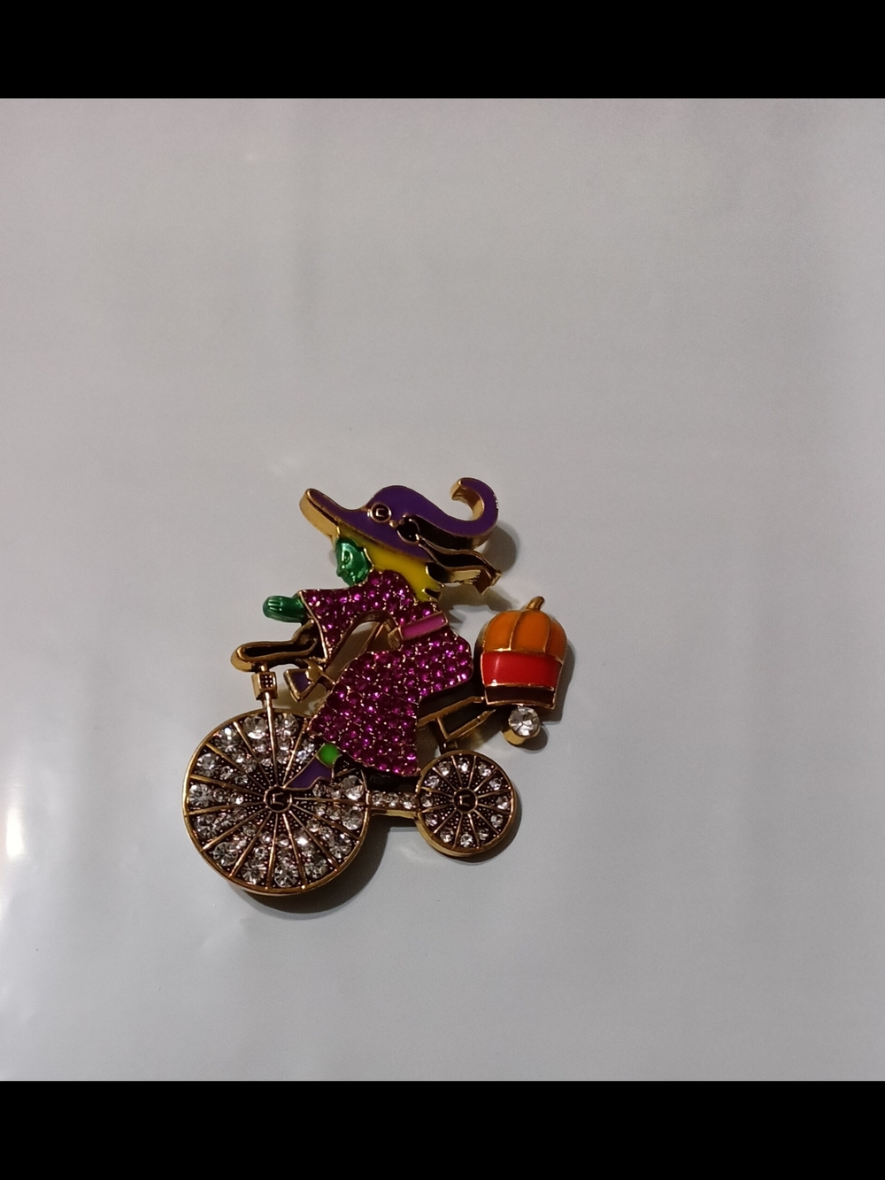 Halloween Witch On A Bicycle w/Pumpkin Brooch